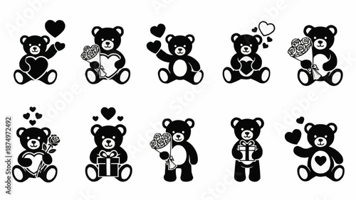 Collection of Cute Teddy Bear Icons with Hearts and Gifts.