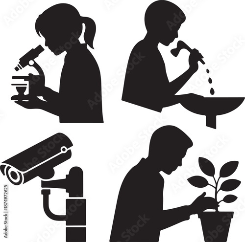 Silhouette icons of people doing various activities and a security camera