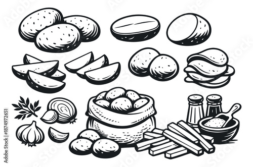 Hand drawn line art potato ingredients set featuring whole, cut, chip, and french fry forms with garlic, onion, and seasonings for cooking recipes