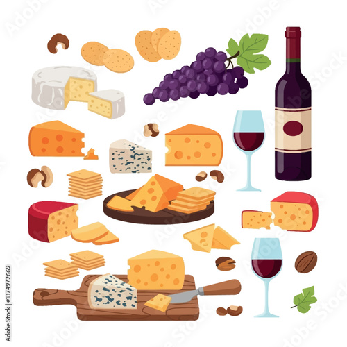Flat vector illustration of a cheese platter with grapes, wine, crackers, nuts, and various cheese types including brie and blue cheese on a white background.