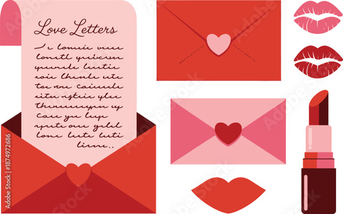 Open red envelope displays a love letter with cursive script alongside lipstick and kissing mouth shapes for romance.