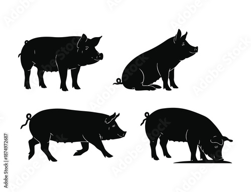 Black pig silhouettes vector, farm animal design, grazing livestock icons in black and white illustration