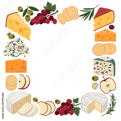 Flat illustration of a cheese platter border with grapes, crackers, olives, apples, rosemary, and various cheese types including brie and blue cheese
