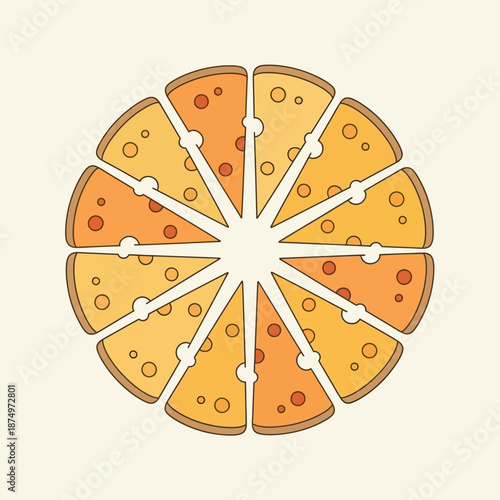 Flat design illustration of cheese wedges arranged in a circle with holes and varying shades of yellow and orange on a light background