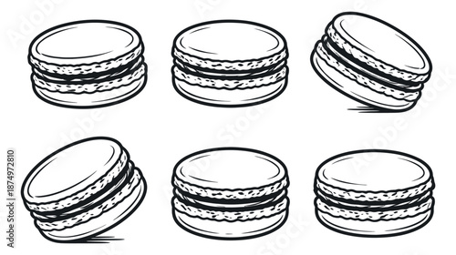 Hand drawn line art macaron set featuring delicious sweet cookies in various poses for dessert and bakery designs