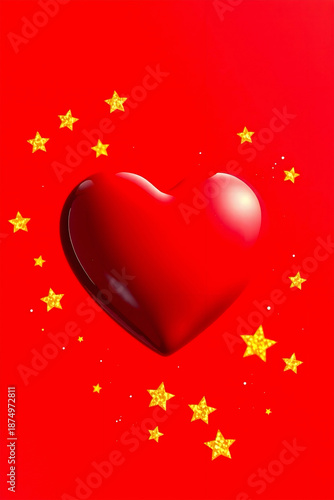 A glossy red heart , centrally positioned, is surrounded by sparkling golden stars. 