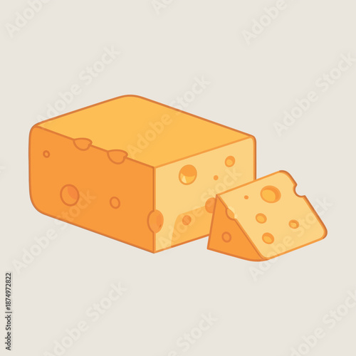 Simple flat vector illustration of a block of Swiss cheese with a wedge cut off, featuring characteristic holes and a light orange hue on a pale background.