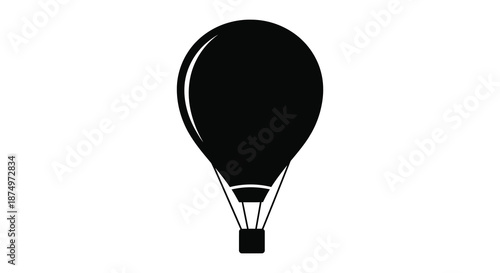 A striking black hot air balloon design floats elegantly against a pure white background silhouette