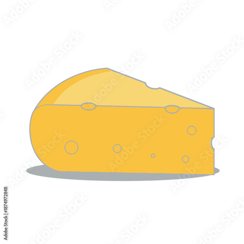 Flat yellow cheese wedge with irregular grey outlines and circular holes, casting a subtle grey shadow on a white background.