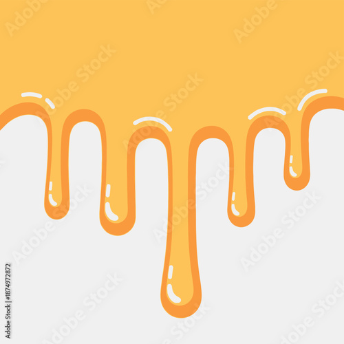 Yellow cheese drips with glossy highlights on white background, flat design illustration conveying food and liquid motion