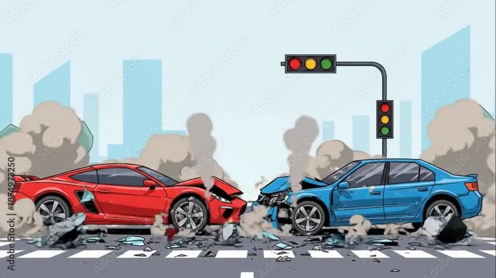 Car Accident Head-on Collision Cartoon Style Explosion Traffic Crash ...