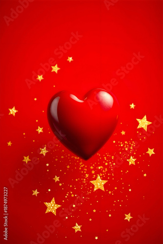 A glossy red heart , centrally positioned, is surrounded by sparkling golden stars. 