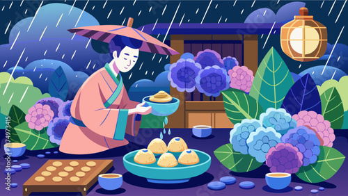 A woman in a pink robe is pouring tea into a bowl. The scene is set in a garden with flowers and a lantern. The woman is holding an umbrella to protect herself from the rain