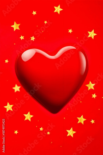 A glossy red heart , centrally positioned, is surrounded by sparkling golden stars. 