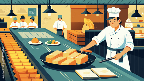 A chef is cooking food in a restaurant kitchen. The chef is wearing a white apron and a hat. There are other chefs in the background, and they are all working together to prepare food