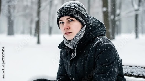 Young Man in Winter Coat Sitting on Snowy Park Bench Contemplating Life in a Winter Wonderland