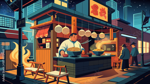 A man is cooking food in front of a restaurant. The restaurant is in a foreign country. There are two men standing outside the restaurant