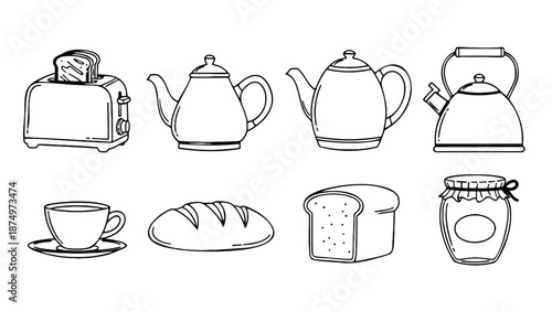 A set of kitchen utensils and food items drawn in a simple line style