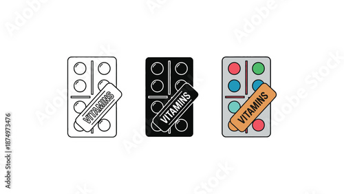 A colorful illustration of various vitamin pill packets and capsules