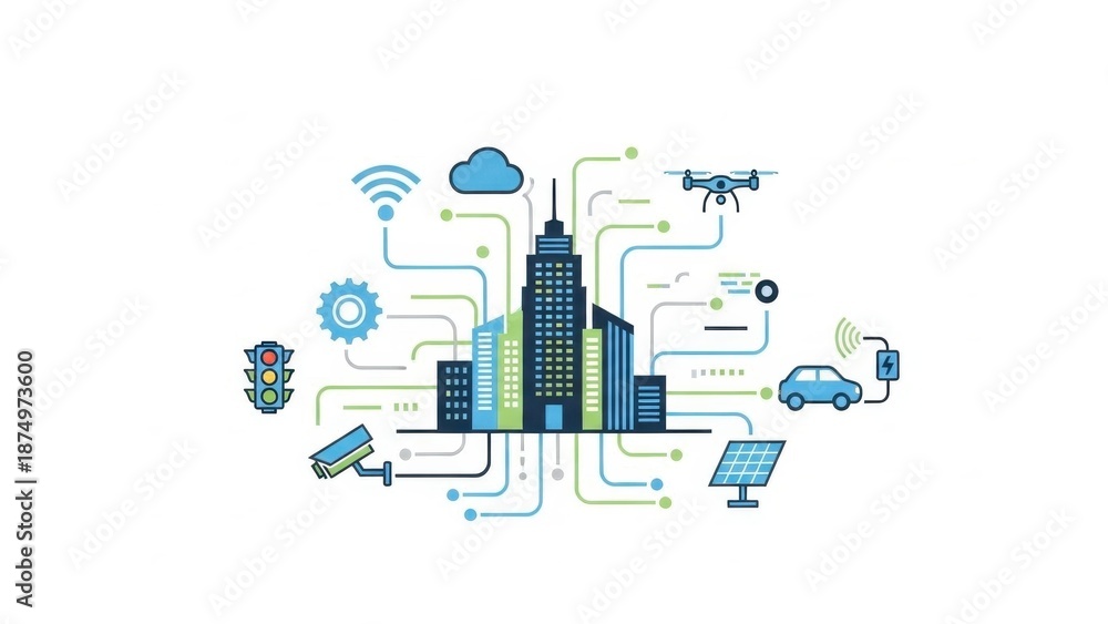 Fototapeta premium Smart City Technology Concept: IoT Network Connecting Buildings, Transport, and Utilities