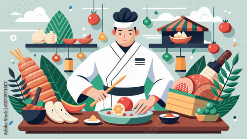 A chef is cutting food on a table with a variety of fruits and vegetables. The image has a lively and colorful atmosphere, with the chef wearing a white apron and a black hat