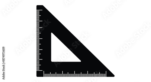 A stark black triangular drafting tool with precise markings and measurements a silhouette