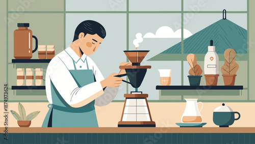 A man is making coffee in a kitchen. There are several bottles and cups on the counter. The man is wearing an apron