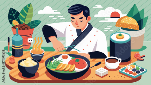 A man in a chef's outfit is cooking food on a table with a variety of dishes, including a bowl of noodles and a plate of eggs