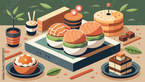 A colorful plate of food with a variety of dishes including sushi, sandwiches, and cakes. The table setting is casual and inviting, with a potted plant and cups placed around the table