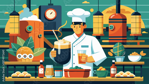 A chef is making a drink in a kitchen with a clock on the wall. The kitchen is filled with various items such as bottles, cups, bowls, and a spoon. The atmosphere is lively and bustling