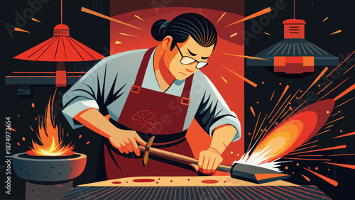 A man is working on a piece of metal with a hammer. The image has a mood of intensity and focus, as the man is fully engaged in his work. The scene is set in a workshop, with various tools