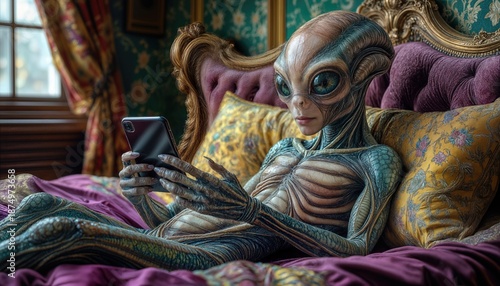 An alien creature relaxes on a bed while looking at a smartphone. The room has rich decorations and detailed patterns on the bedspread and walls.