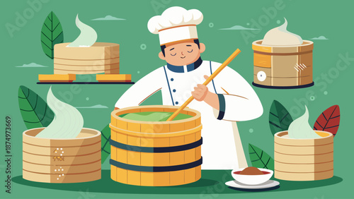 A chef is cooking in a kitchen with a pot of soup on the stove. The chef is wearing a white hat and apron. The kitchen is filled with various utensils and ingredients, including a spoon, a bowl