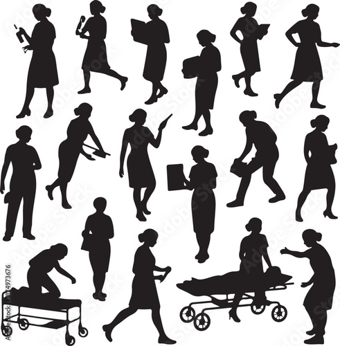 Silhouettes of medical staff in various actions on white background