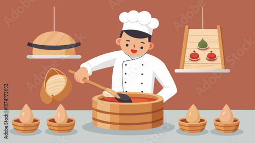 A chef is cooking in a kitchen with a wooden bowl. The bowl is filled with a mixture of ingredients, and the chef is stirring it with a wooden spoon. The kitchen is well-equipped with various utensils
