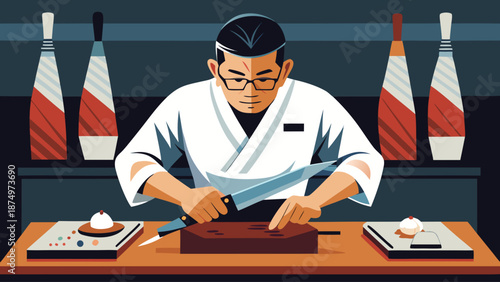 A man in a white uniform is cutting food on a cutting board. The image has a mood of focus and concentration, as the man is intently cutting the food