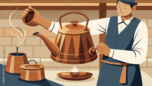 A man is pouring tea into a cup from a large pot. The scene is set in a kitchen with a brick wall and a stove. The man is wearing a blue vest and a white shirt