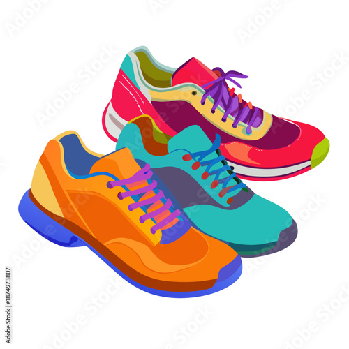 Cartoon athletic sneakers. Sport shoe pair group, fitness footwear design multicolored sneaker of active man woman walking or running comfortable footwear, neat vector illustration 