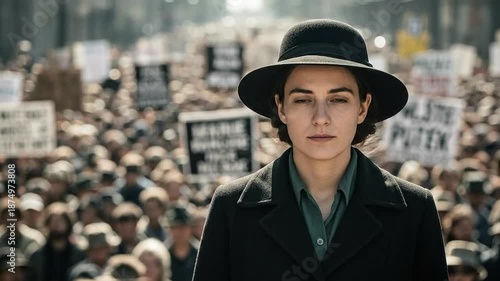 Woman in Black Hat at Protest March in Urban Setting with Crowd Holding Signs