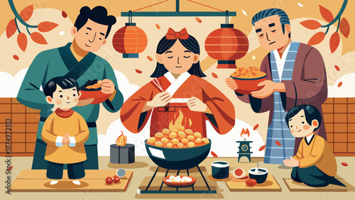 A family is gathered around a table with food, including bowls of noodles and a bowl of dumplings. The atmosphere is warm and inviting, with everyone enjoying each other's company