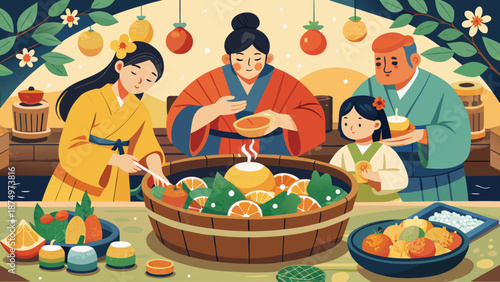 A group of people are gathered around a table with a variety of food, including oranges and carrots. The scene is lively and colorful, with a sense of community and togetherness