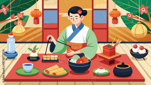 A woman is cooking food on a table with many bowls and cups. Scene is warm and inviting, as it depicts a traditional Asian meal being prepared