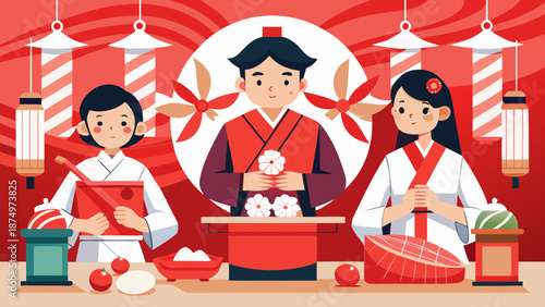 A group of people are making food in a red room. Scene is cheerful and lively