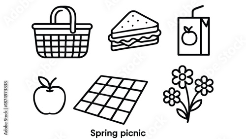 A simple line drawing of a spring picnic setup with food and flowers