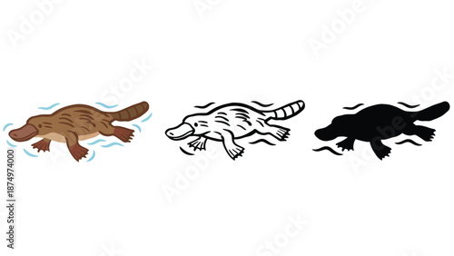 Three platypus illustrations in different colors and styles swimming quickly