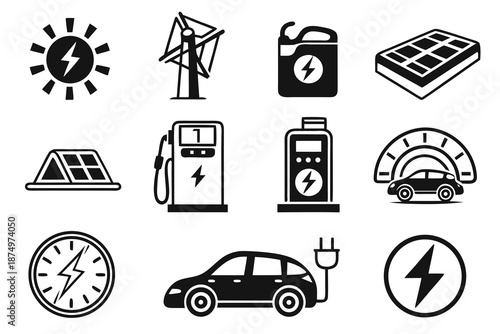 Various renewable energy sources and electricity usage isolated on white background, Vector