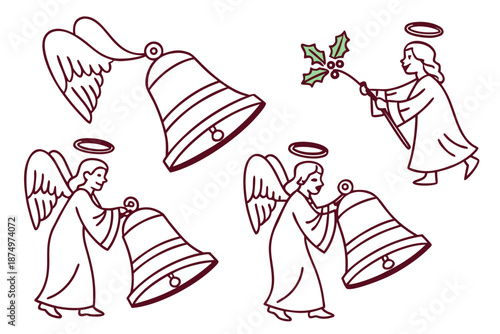 Angels ringing bells and holding holly isolated on white background, Vector