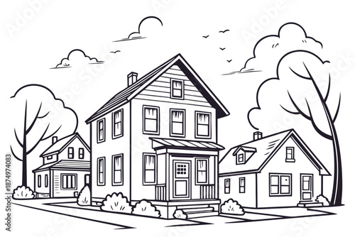 Neighborhood houses in suburban setting isolated on white background, Vector