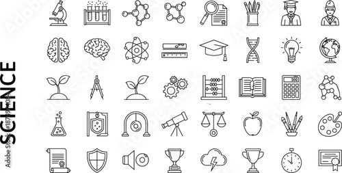 Science, education, line, icons, laboratory, research, chemistry, biology, physics, learning, technology, innovation