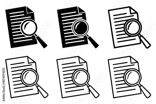 Six magnifying glasses over documents isolated on white background, Vector